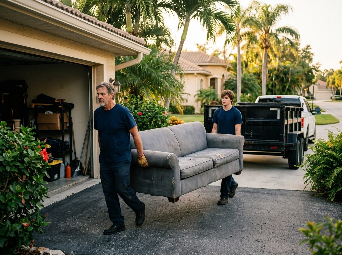 Crew carrying a couch out of a Florida home to a dump trailer